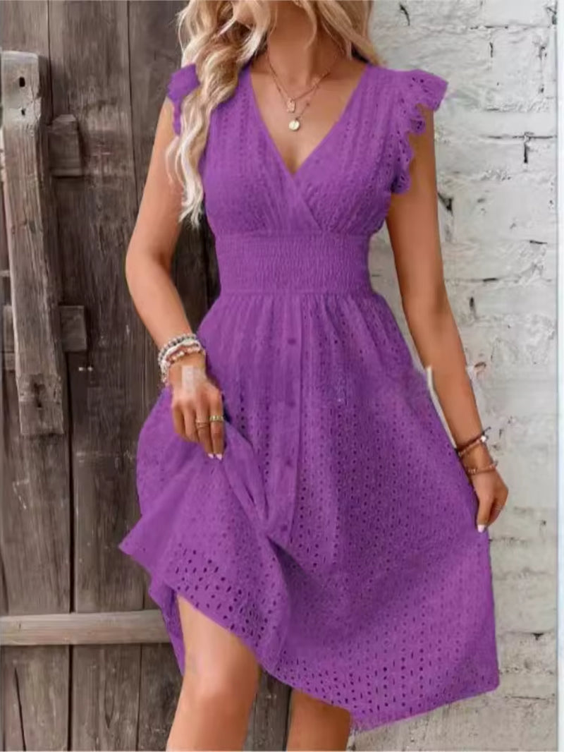 Fashion White Hollow Lace Midi Dresses Women Summer V Neck Ruffle Sleeve Dress Elegant Office Lady Casual Beach Holiday Sundres