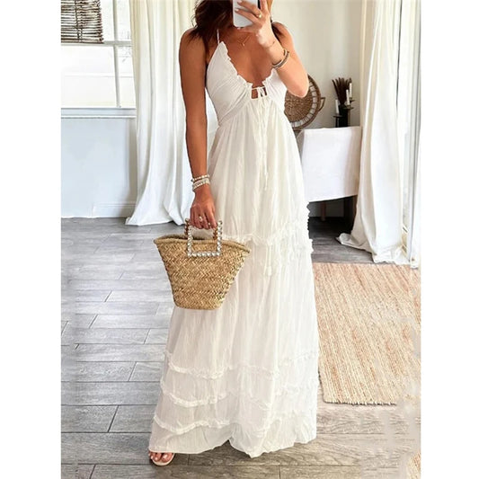 Women'S Low Cut Tie Back Sleeveless Long Dress Elegant Ruffles Drawstring Flowy Dress Bohemian Summer Beachwear Dresses