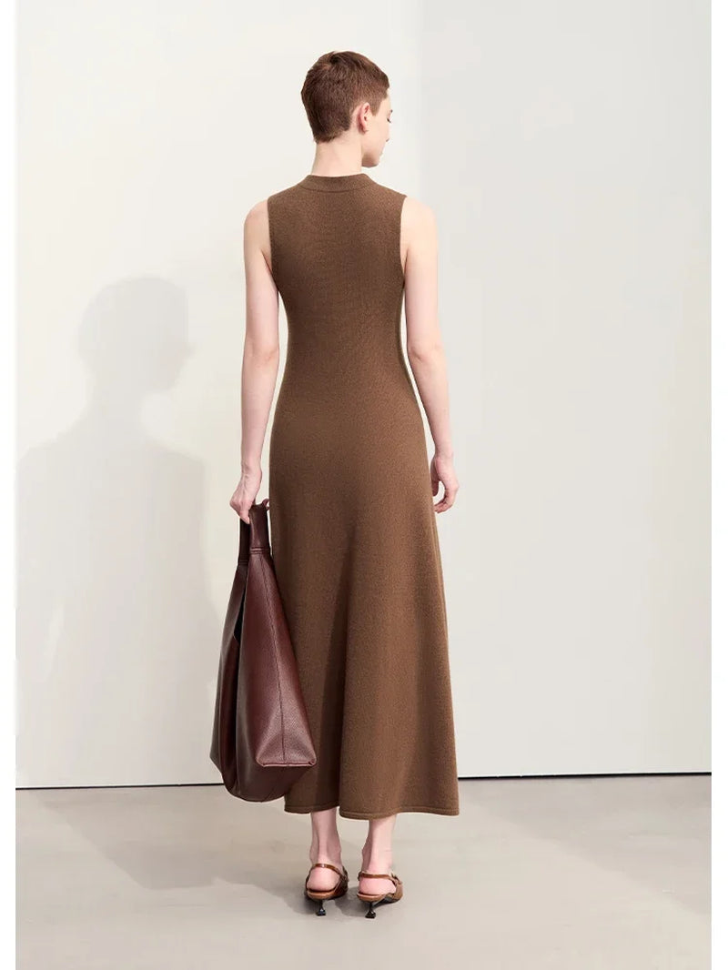 Minimalism 2024 New Autumn Women Dress Worsted Basic Sleeveless Elegant Solid Long A-Line Retro Lady Knit Dresses 12453054