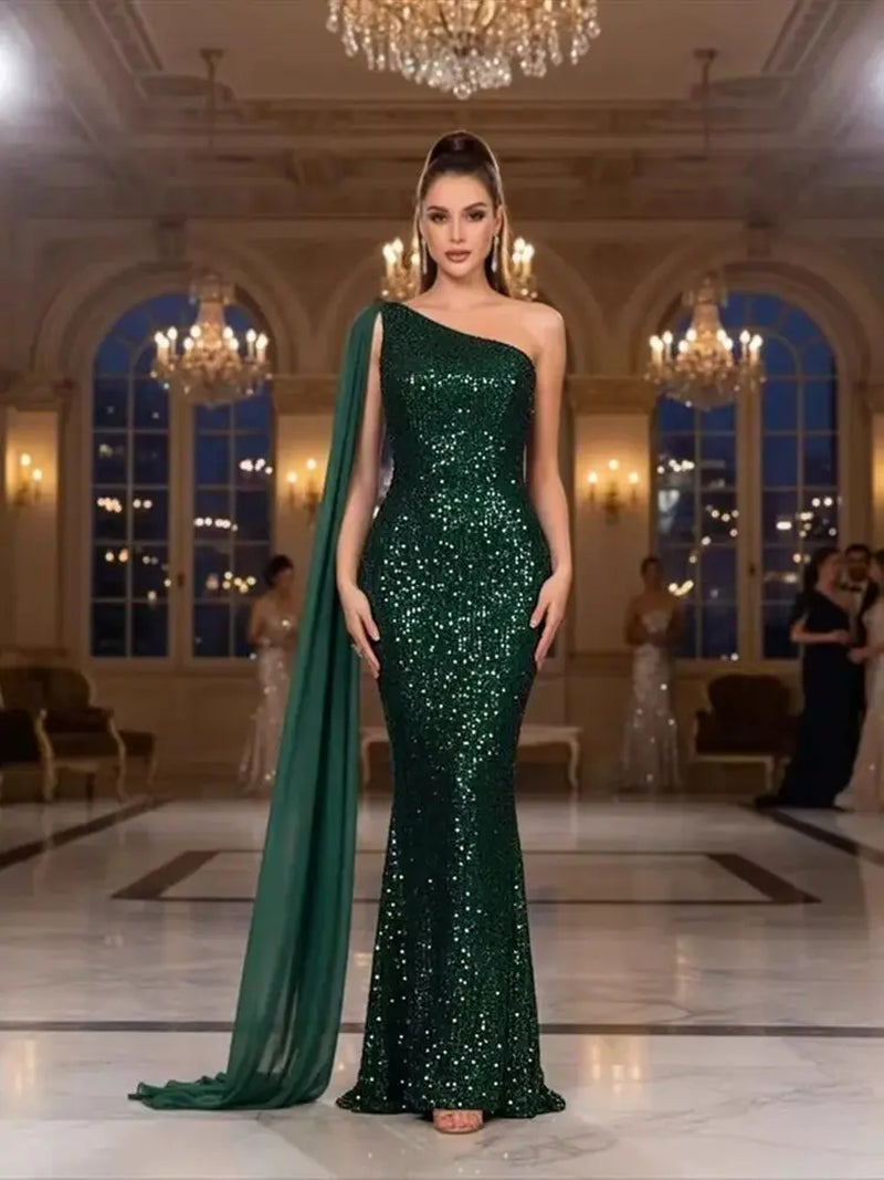 One Shoulder Chiffon Ribbon Flip Green Sequined Evening Dress Long Prom Maxi Gown for Women