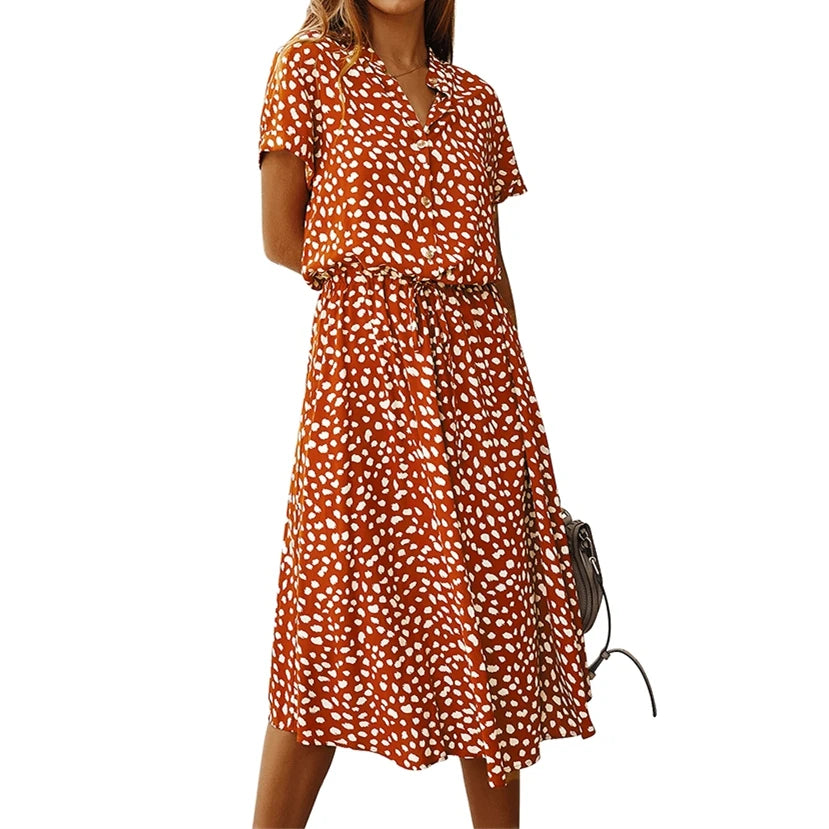Ladies Bohemian Leopard Print Shirt Dress Women Casual Midi Holiday Summer Dress Female A-Line Loose Women Beach Dress Vestidos