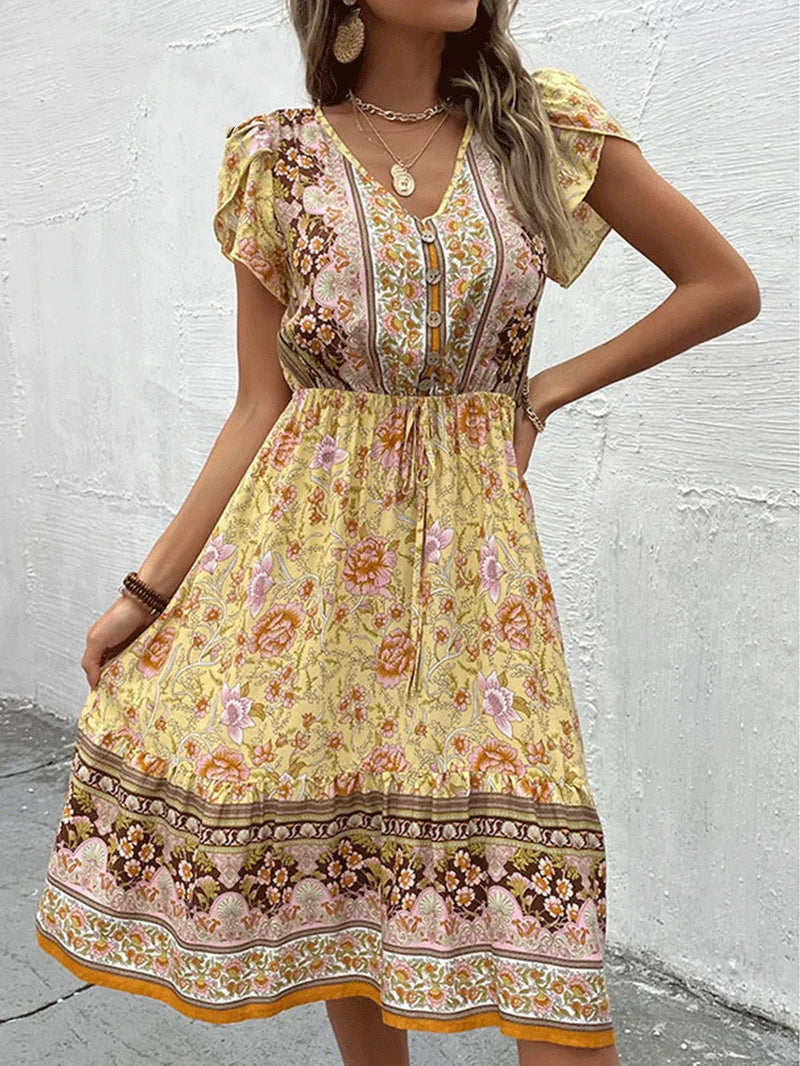 Green Floral Print Boho Midi Summer Dress Women 2023 Elegant Short Petal Sleeve Dresses Party Vacation Beach Outfits Female Robe