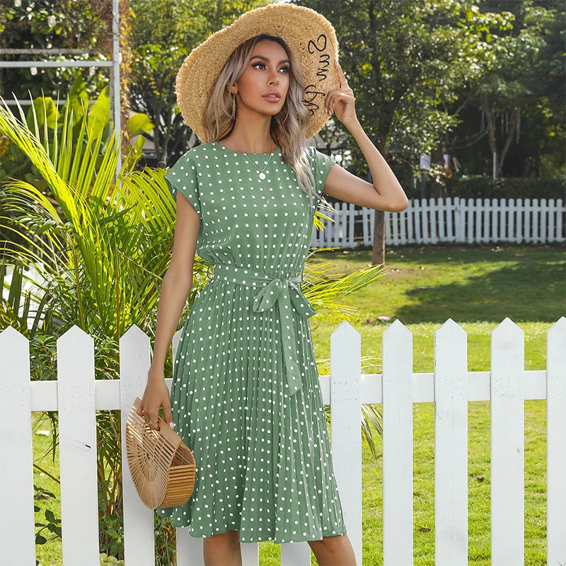 Summer Dresses for Women High Waist Midi Elegant Pleated Polka Dots Office Lady Dinner Party Vacation Dress Female Clothing Robe