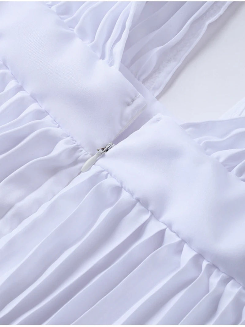 Elegant Hollow Out Pleated Dress Women Fashion Backless a Line Dress Spring Flare Sleeve Long Dress Office Lady Party Dres