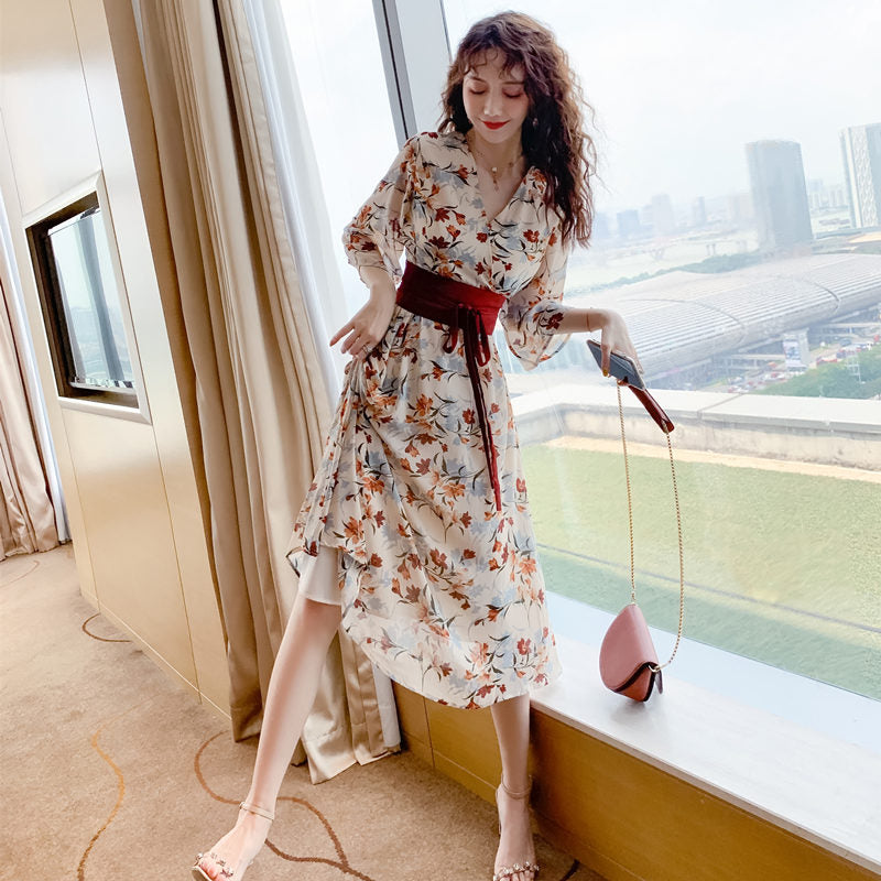 Plus size modificeret Hanfu sommerkjole med blomsterprint