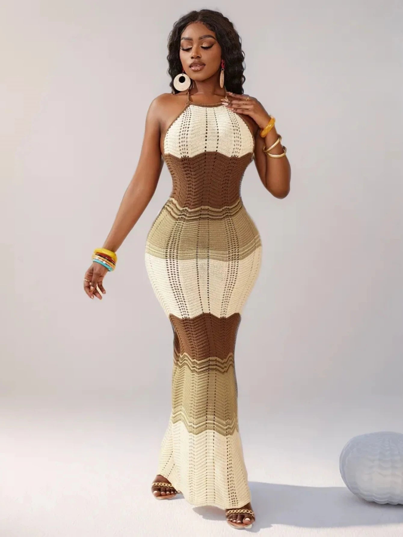 Women Summer Knit Dresses Seaside Beach Travel Holiday Style Hanging Neck Rope Sleeveless Sexy Striped Khaki Gradient Long Skirt