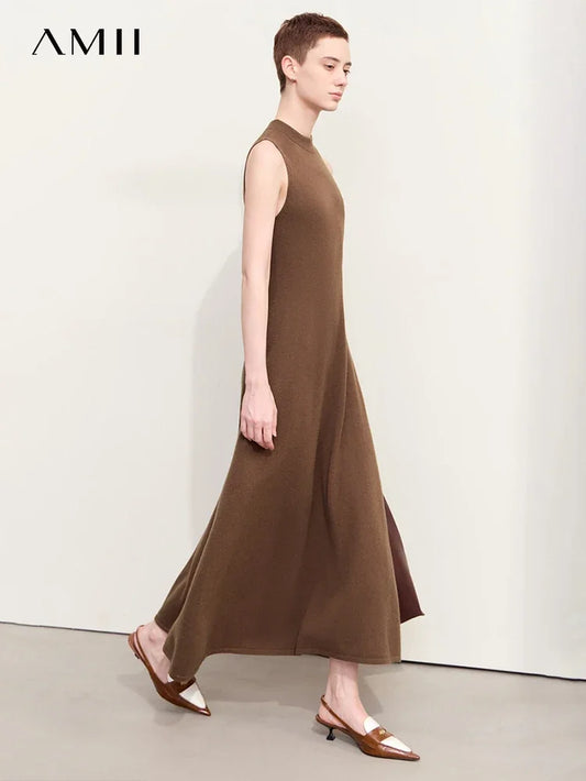 Minimalism 2024 New Autumn Women Dress Worsted Basic Sleeveless Elegant Solid Long A-Line Retro Lady Knit Dresses 12453054