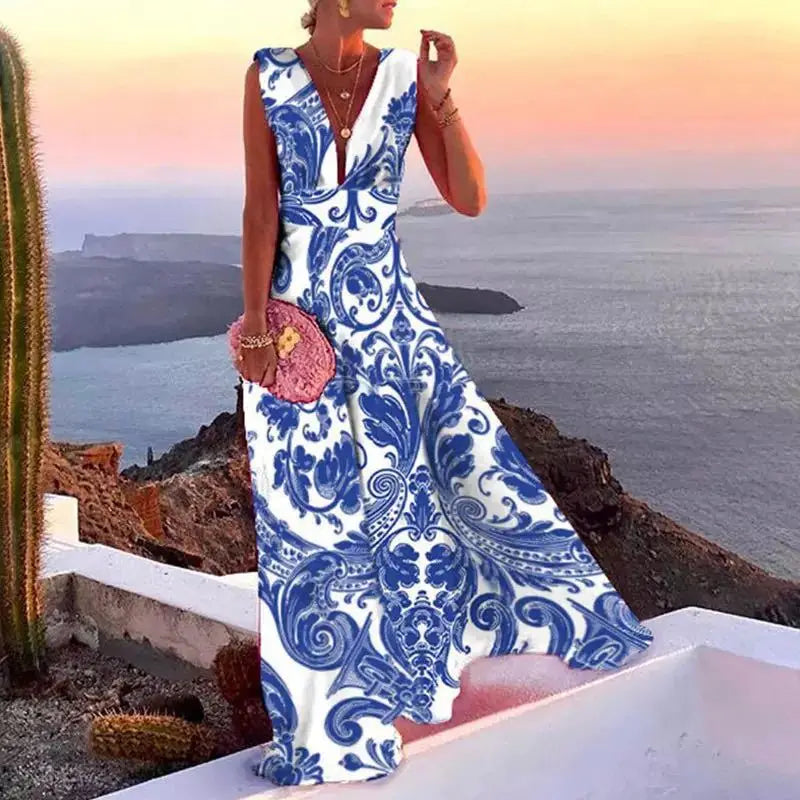 Women Elegant Solid Color V Neck Party Dress Sexy Backless Ladies Sleeveless Beach Dress Vintage Female Summer Dress Vestido 3XL