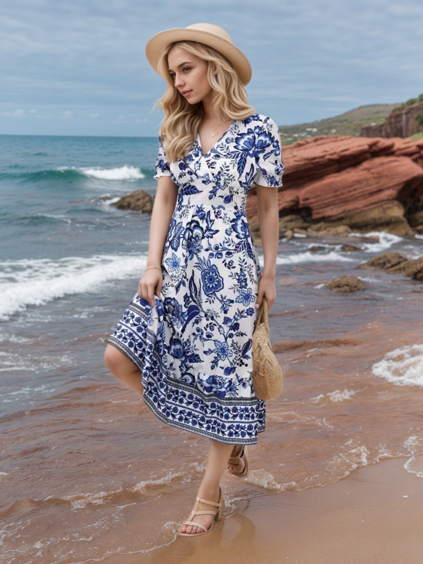 New Women’S Floral Print V-Neck Dress, Floral Dress, Suitable for Vacation, Women’S Dress