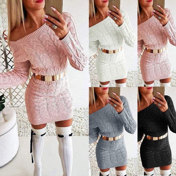 Off-Shoulder Strikkjole med Taljesnit – Blomsterstrik i Fluo Farver