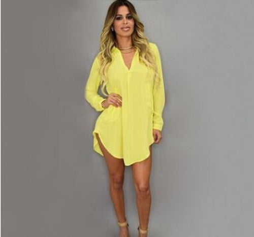 Sommer Sexet V-hals Kort Strandkjole Chiffon Hvid Mini Løs Casual skjorte